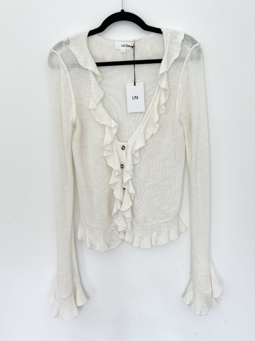 LPA Ruffle Sweater Cardigan Ivory Cream Bell Sleeve NWT